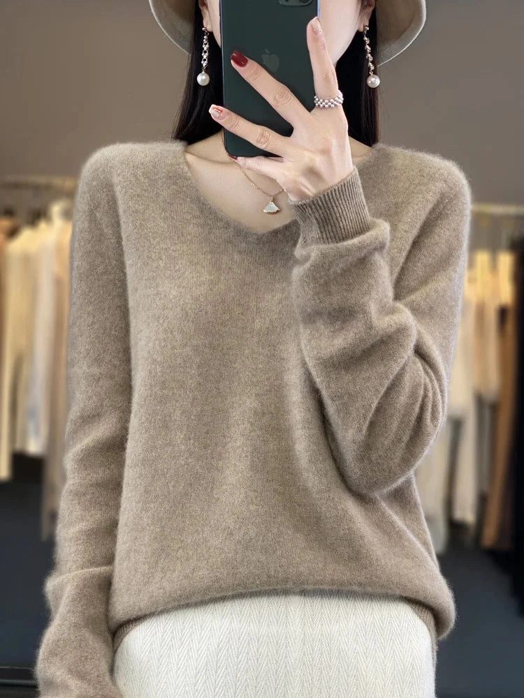 Aliselect Fashion 100% Merino Wool Women Sweater V-Neck Tops