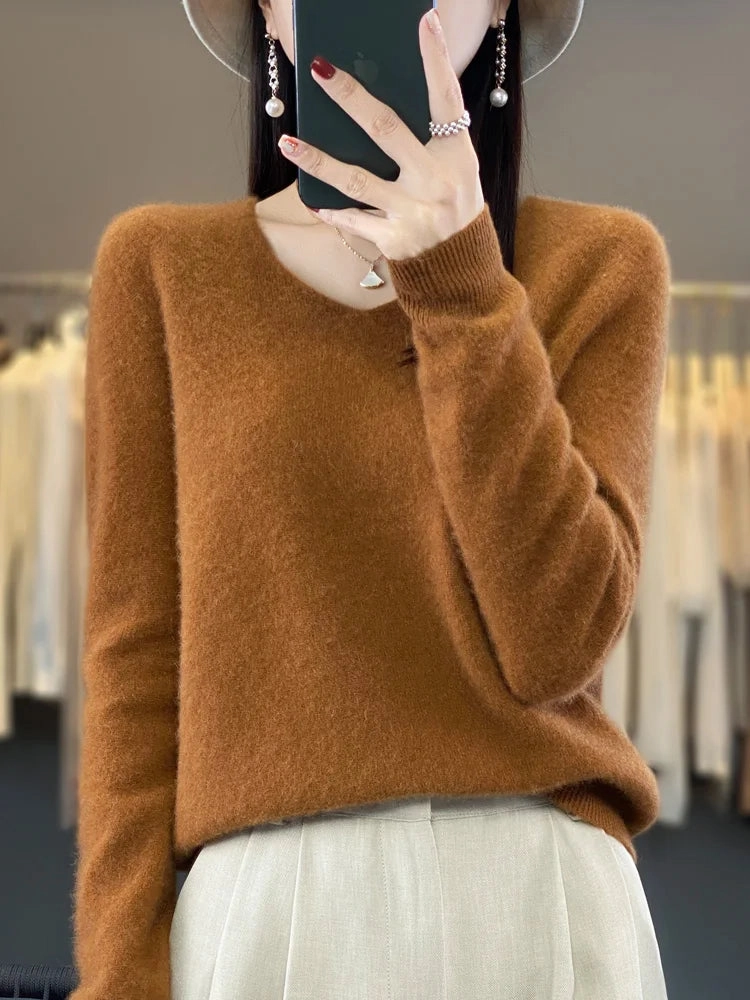 Aliselect Fashion 100% Merino Wool Women Sweater V-Neck Tops