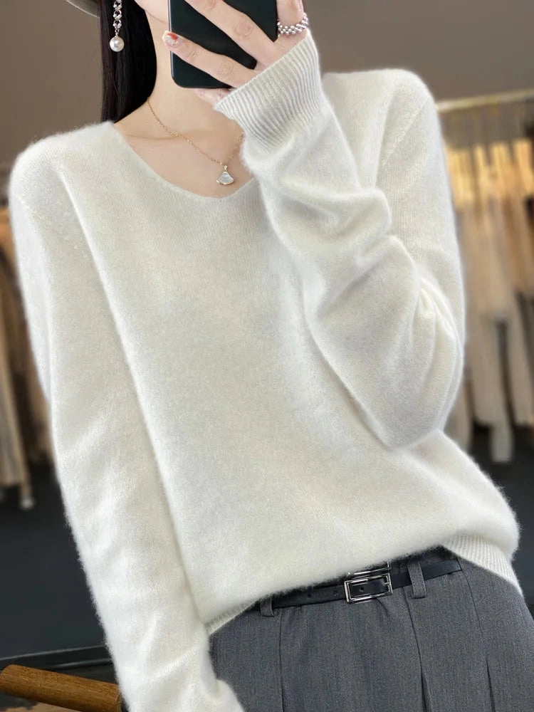 Aliselect Fashion 100% Merino Wool Women Sweater V-Neck Tops