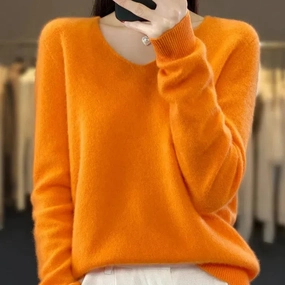 Aliselect Fashion 100% Merino Wool Women Sweater V-Neck Tops