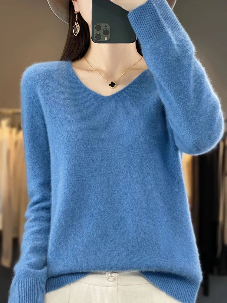 Aliselect Fashion 100% Merino Wool Women Sweater V-Neck Tops