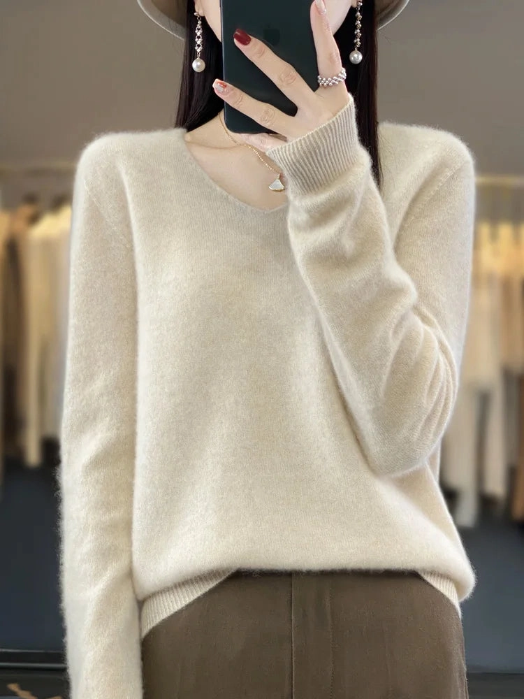 Aliselect Fashion 100% Merino Wool Women Sweater V-Neck Tops