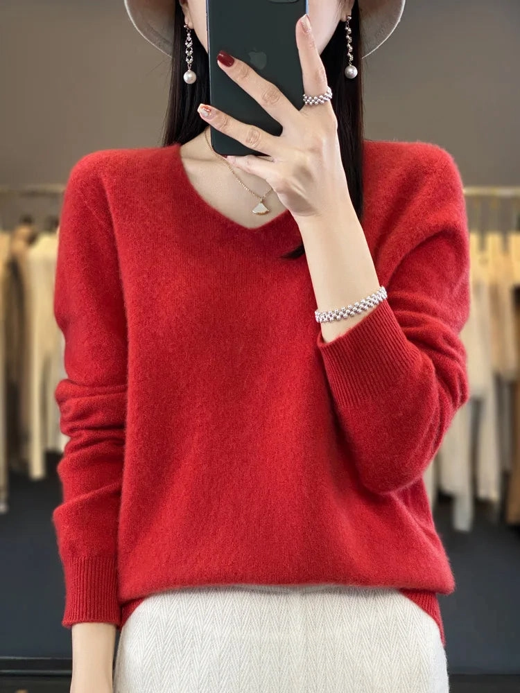 Aliselect Fashion 100% Merino Wool Women Sweater V-Neck Tops