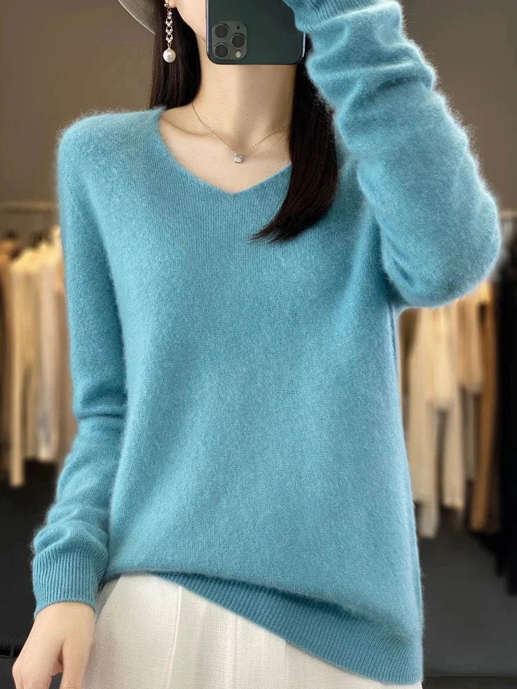 Aliselect Fashion 100% Merino Wool Women Sweater V-Neck Tops