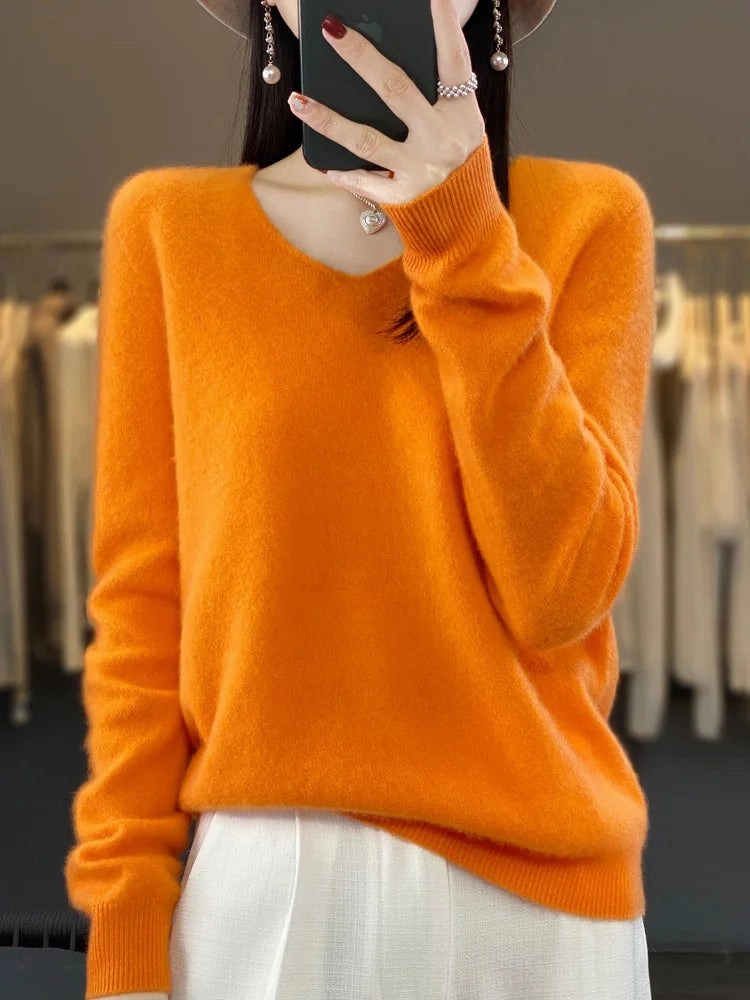 Aliselect Fashion 100% Merino Wool Women Sweater V-Neck Tops