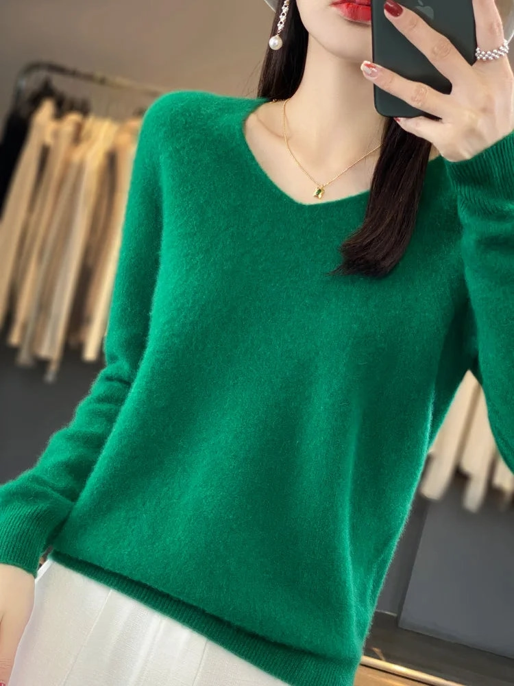 Aliselect Fashion 100% Merino Wool Women Sweater V-Neck Tops