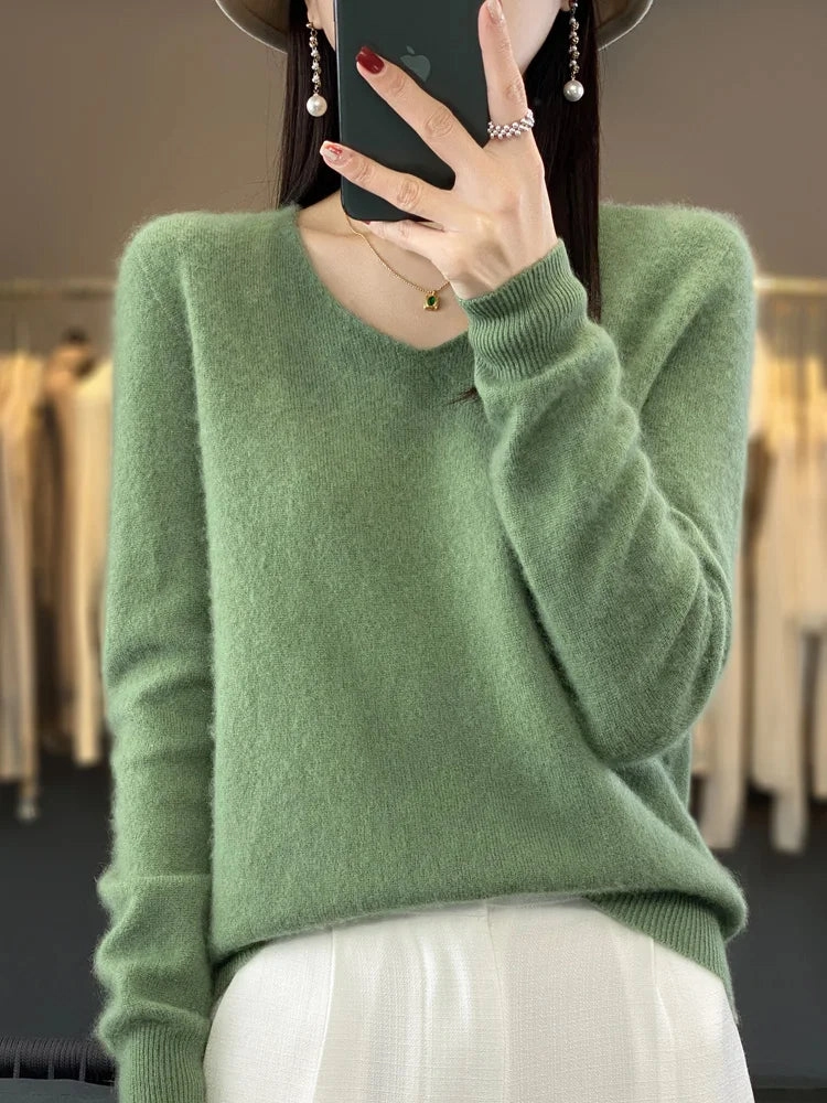 Aliselect Fashion 100% Merino Wool Women Sweater V-Neck Tops