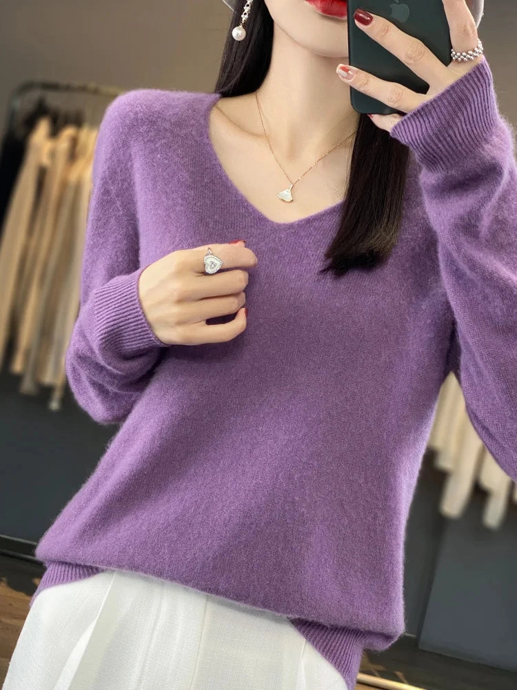 Aliselect Fashion 100% Merino Wool Women Sweater V-Neck Tops