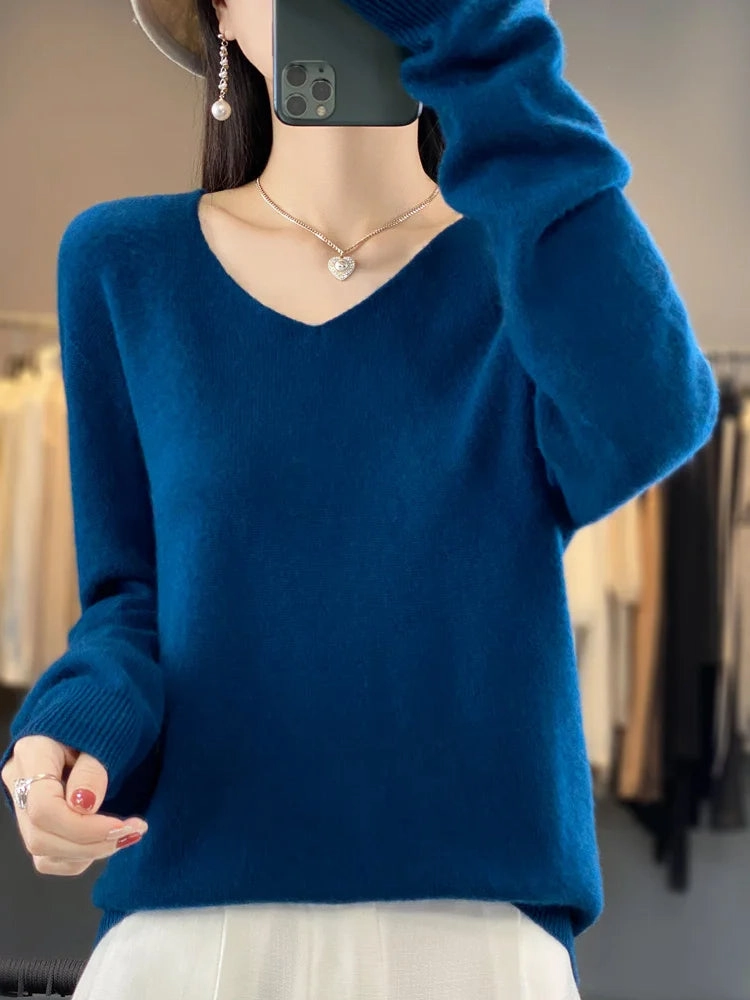 Aliselect Fashion 100% Merino Wool Women Sweater V-Neck Tops