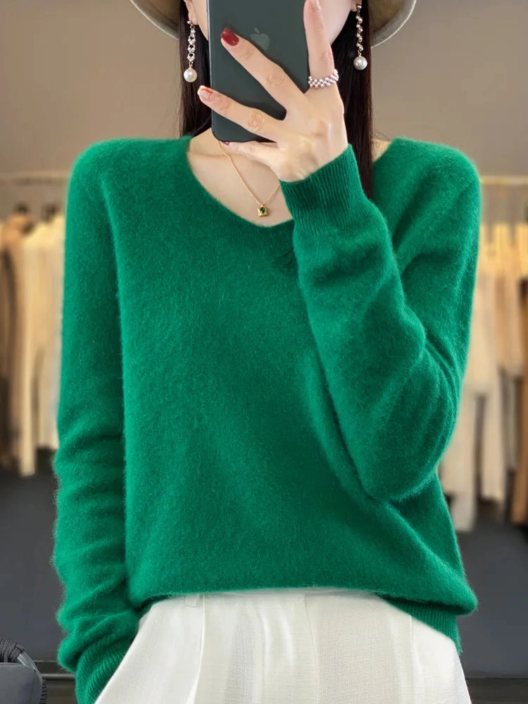 Aliselect Fashion 100% Merino Wool Women Sweater V-Neck Tops