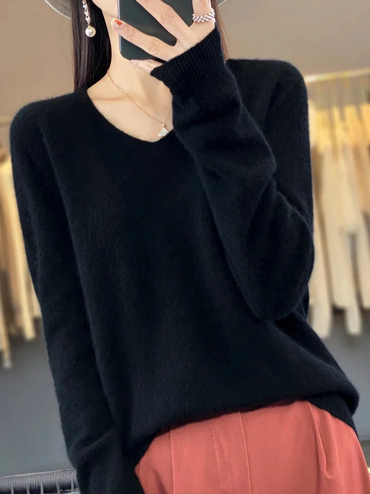 Aliselect Fashion 100% Merino Wool Women Sweater V-Neck Tops