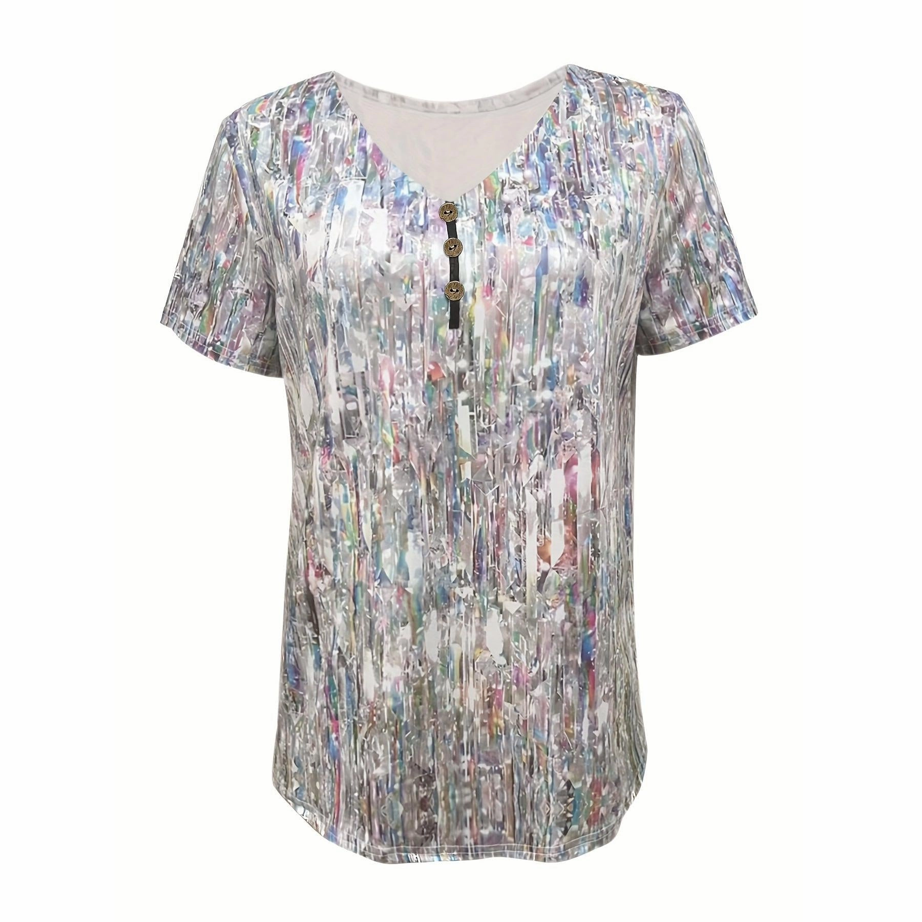 Allover Print Button V Neck T-shirt for Women's Spring Style