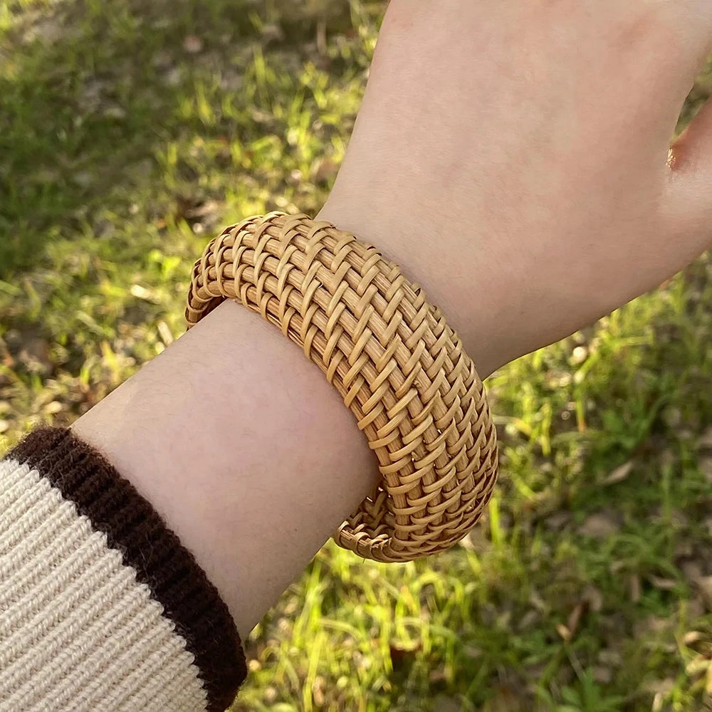 ALLYES Boho Wood Bamboo Rattan Weave Bracelet for Women