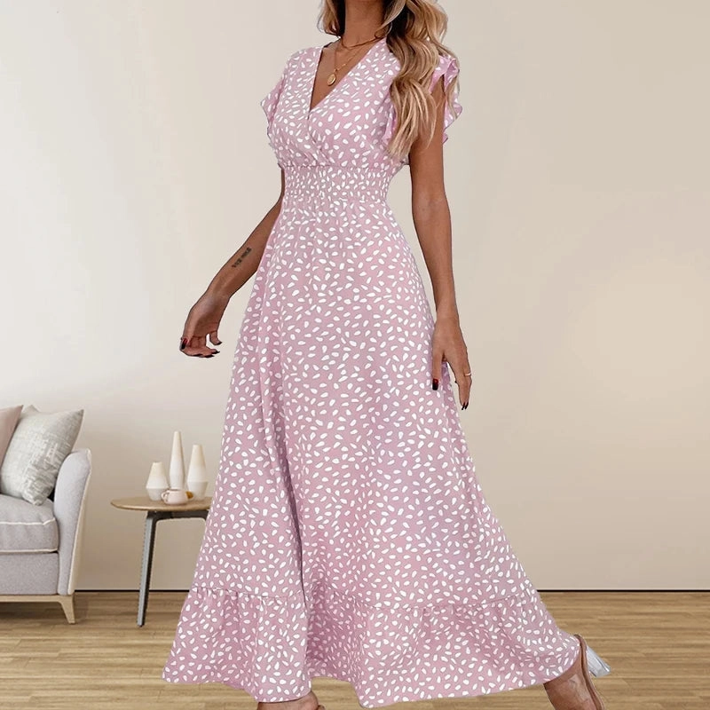 Amazon Cross Border Foreign Trade Women's V-neck Waist Long Dress