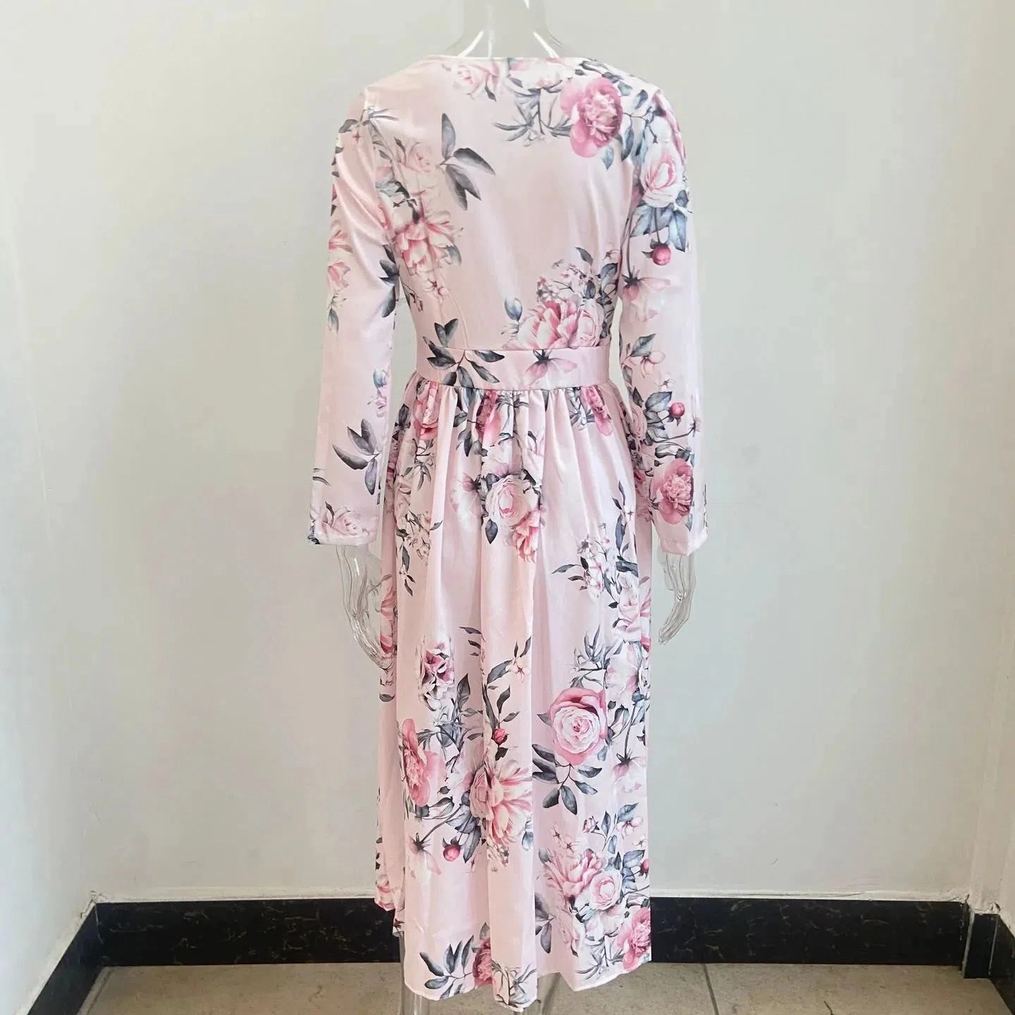 Amazon eBay Cross Border Summer Chiffon Printed Long Dress V-Neck Long Sleeve Split Style for Women