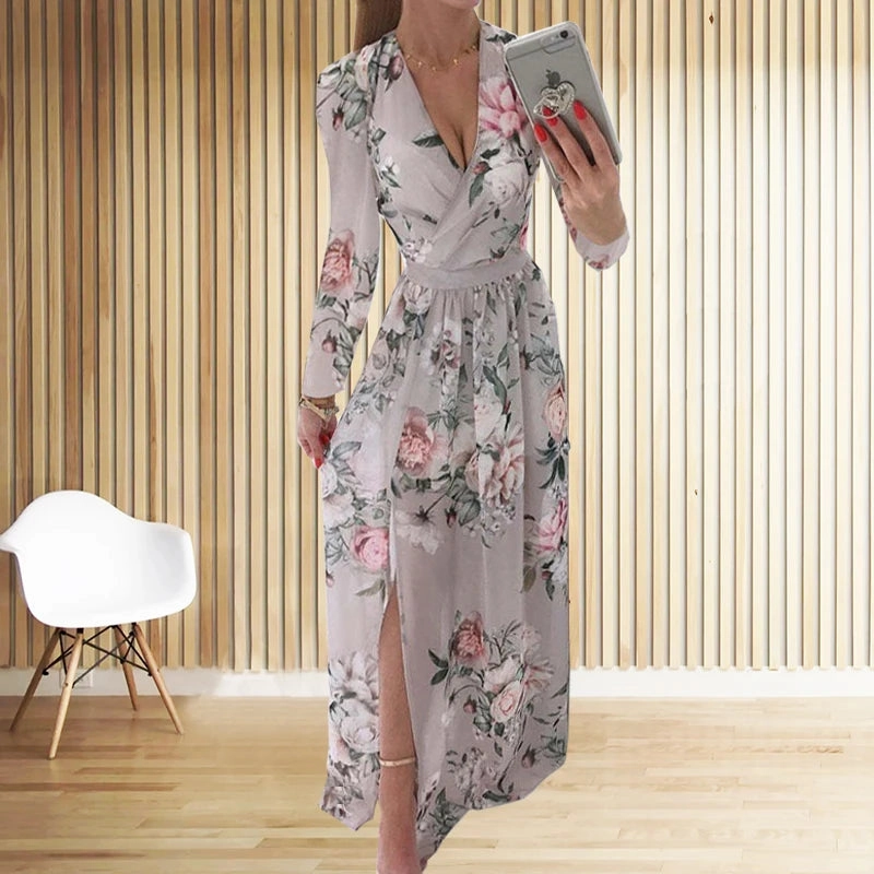 Amazon eBay Cross Border Summer Chiffon Printed Long Dress V-Neck Long Sleeve Split Style for Women