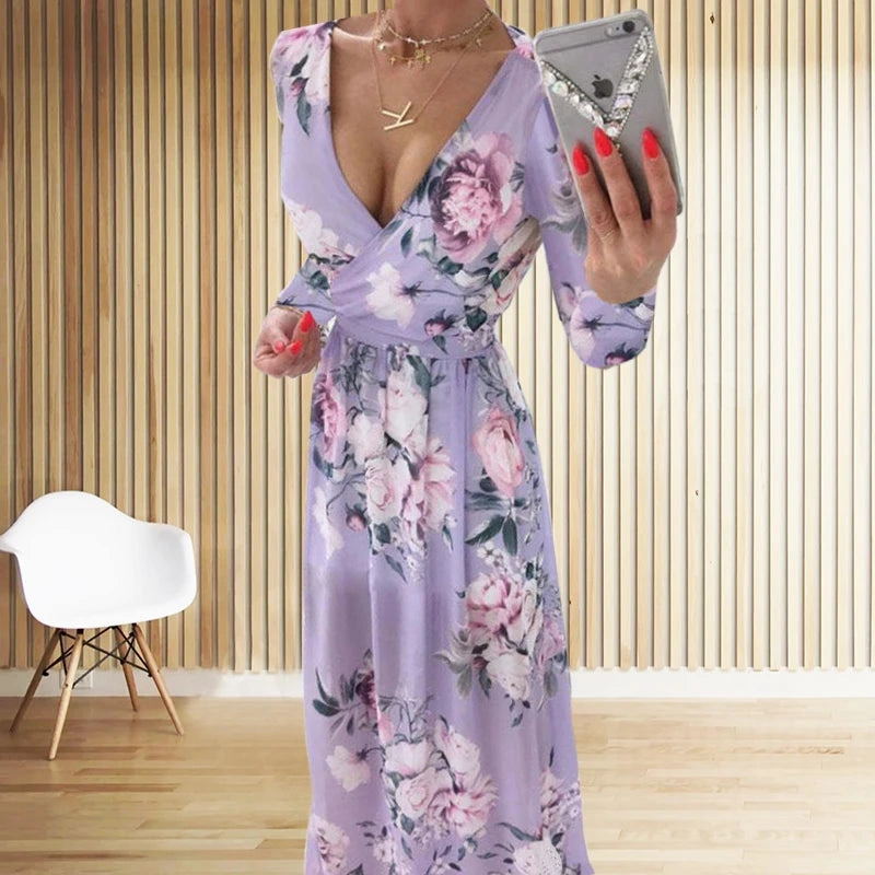 Amazon eBay Cross Border Summer Chiffon Printed Long Dress V-Neck Long Sleeve Split Style for Women