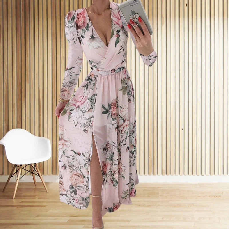 Amazon eBay Cross Border Summer Chiffon Printed Long Dress V-Neck Long Sleeve Split Style for Women