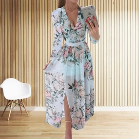 Amazon eBay Cross Border Summer Chiffon Printed Long Dress V-Neck Long Sleeve Split Style for Women