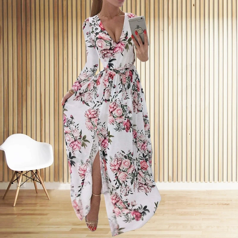Amazon eBay Cross Border Summer Chiffon Printed Long Dress V-Neck Long Sleeve Split Style for Women