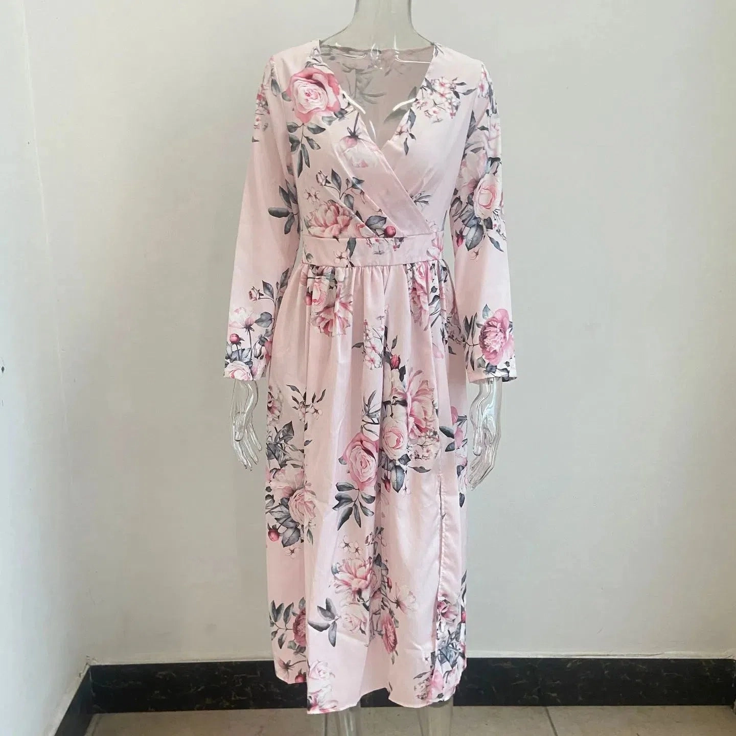 Amazon eBay Cross Border Summer Chiffon Printed Long Dress V-Neck Long Sleeve Split Style for Women
