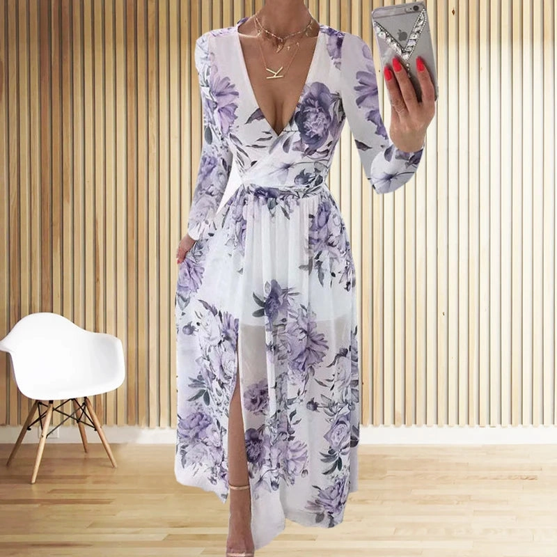 Amazon eBay Cross Border Summer Chiffon Printed Long Dress V-Neck Long Sleeve Split Style for Women