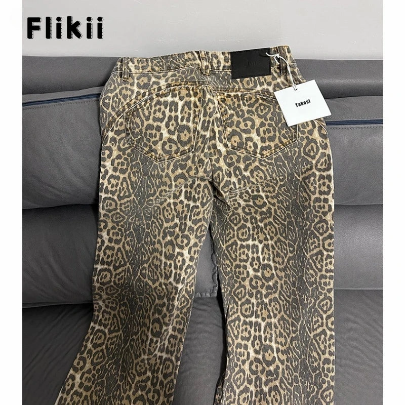 American Retro Leopard High Waist Baggy Jeans Women's Casual Pockets Y2K Panther Denim Trouser