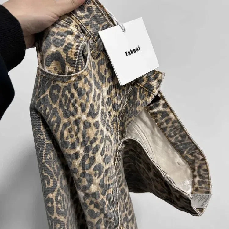 American Retro Leopard High Waist Baggy Jeans Women's Casual Pockets Y2K Panther Denim Trouser