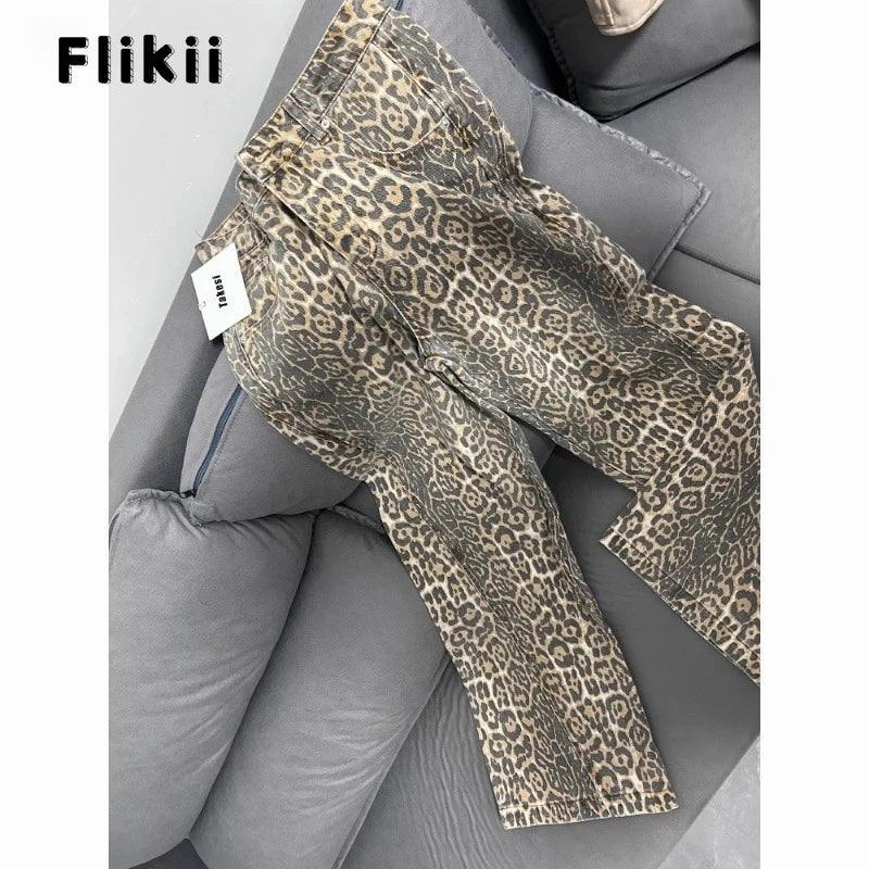American Retro Leopard High Waist Baggy Jeans Women's Casual Pockets Y2K Panther Denim Trouser