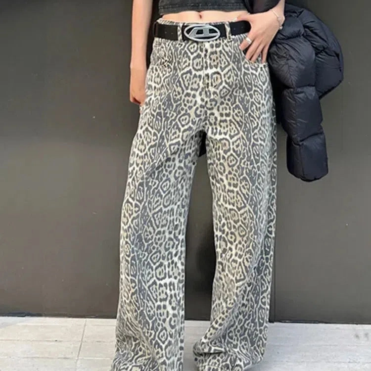American Retro Leopard High Waist Baggy Jeans Women's Casual Pockets Y2K Panther Denim Trouser