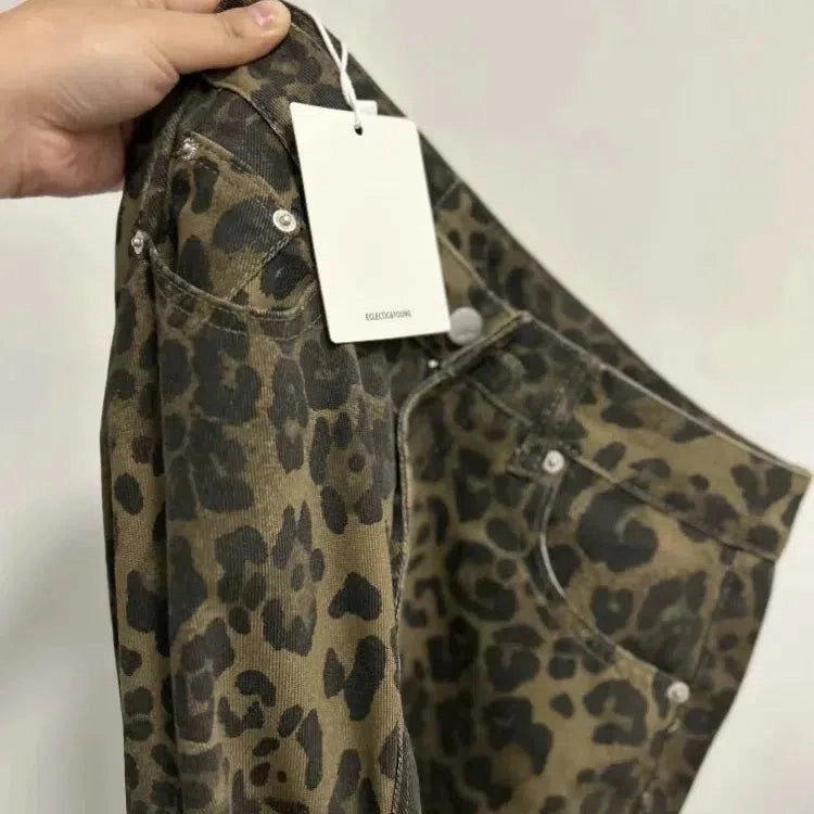 American Retro Leopard High Waist Baggy Jeans Women's Casual Pockets Y2K Panther Denim Trouser