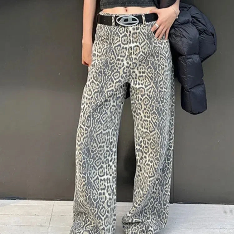 American Retro Leopard High Waist Baggy Jeans Women's Casual Pockets Y2K Panther Denim Trouser