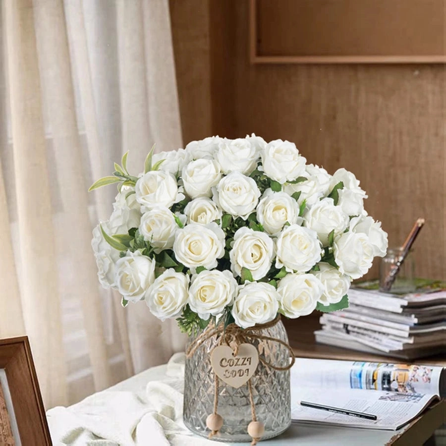 Artificial Flower Ten Head Silk White Rose Bundle for Wedding and Home D??cor