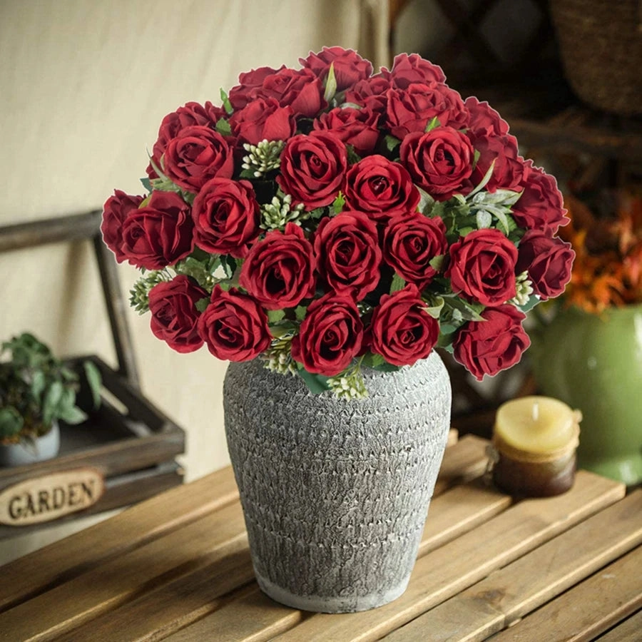 Artificial Flower Ten Head Silk White Rose Bundle for Wedding and Home D??cor