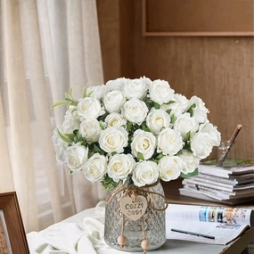 Artificial Flower Ten Head Silk White Rose Bundle for Wedding and Home D??cor