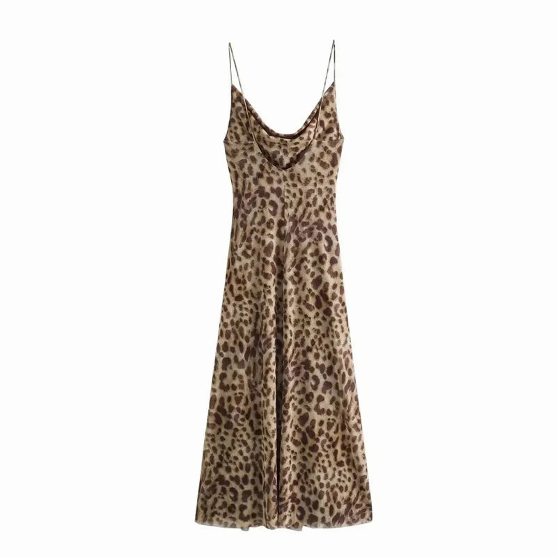 ASDS Leopard Print Long Dress Women Tulle Backless Slip Dress
