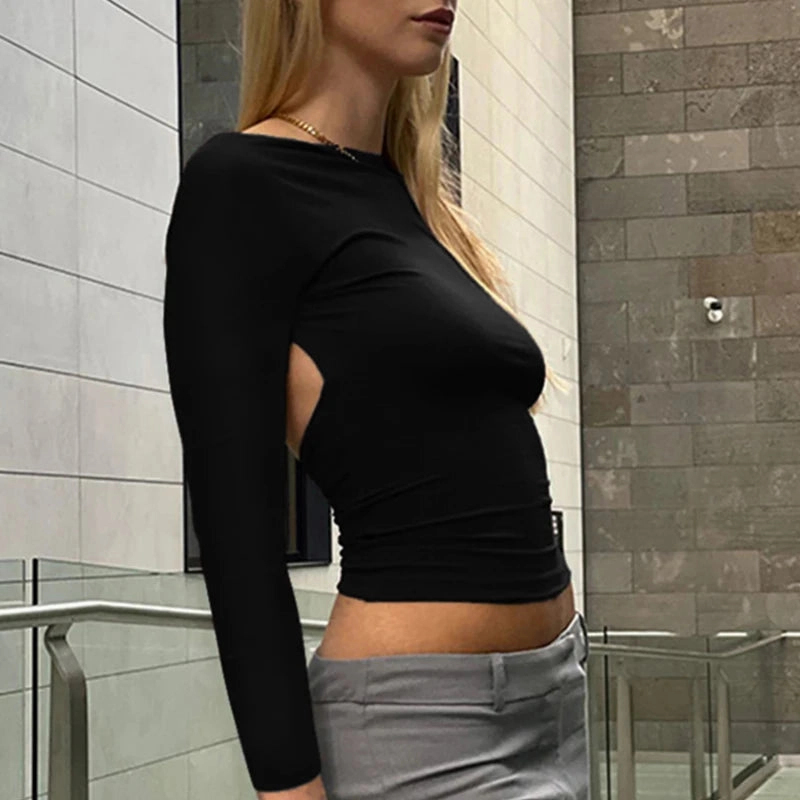 Autumn Black T-Shirts For Women Long Sleeves O-Neck Crop Top