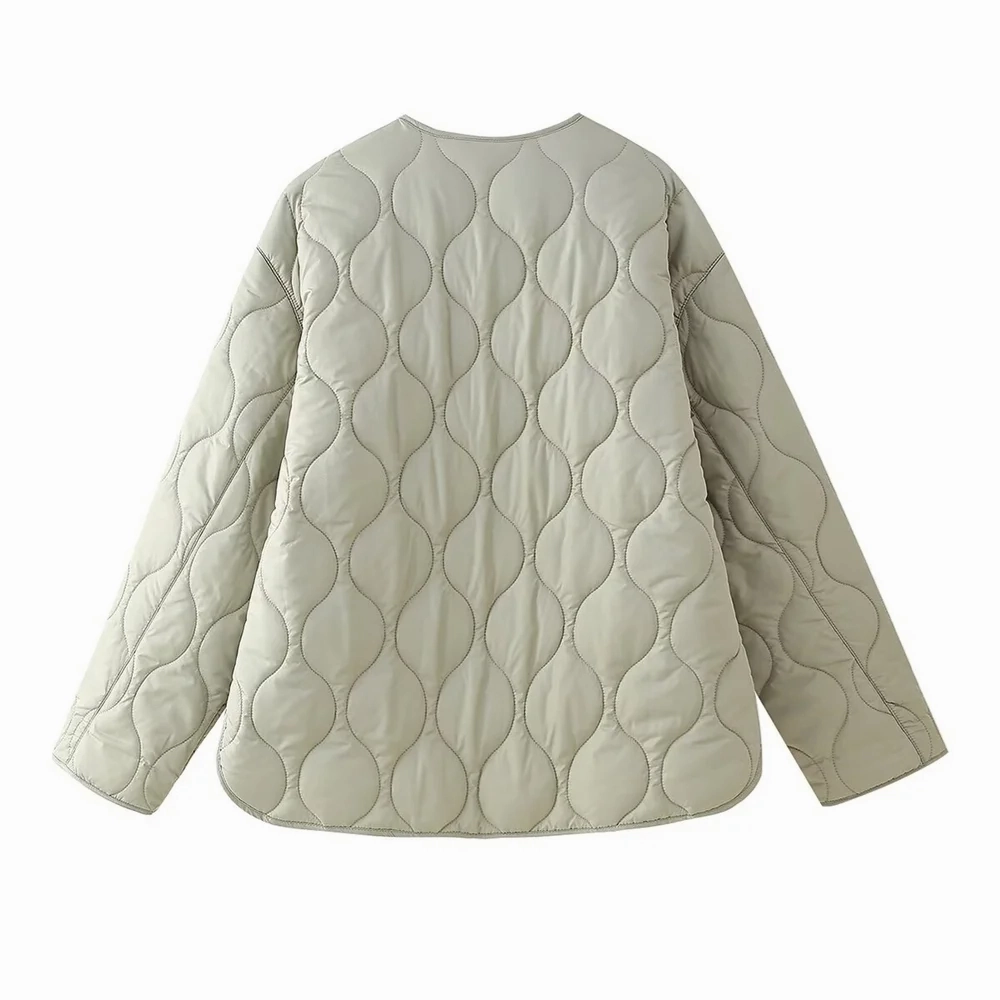 Autumn Chic Women's Quilted Cotton Jacket with Pocket Details ?C Lightweight & Loose Fit Round Neck Coat for Casual Style