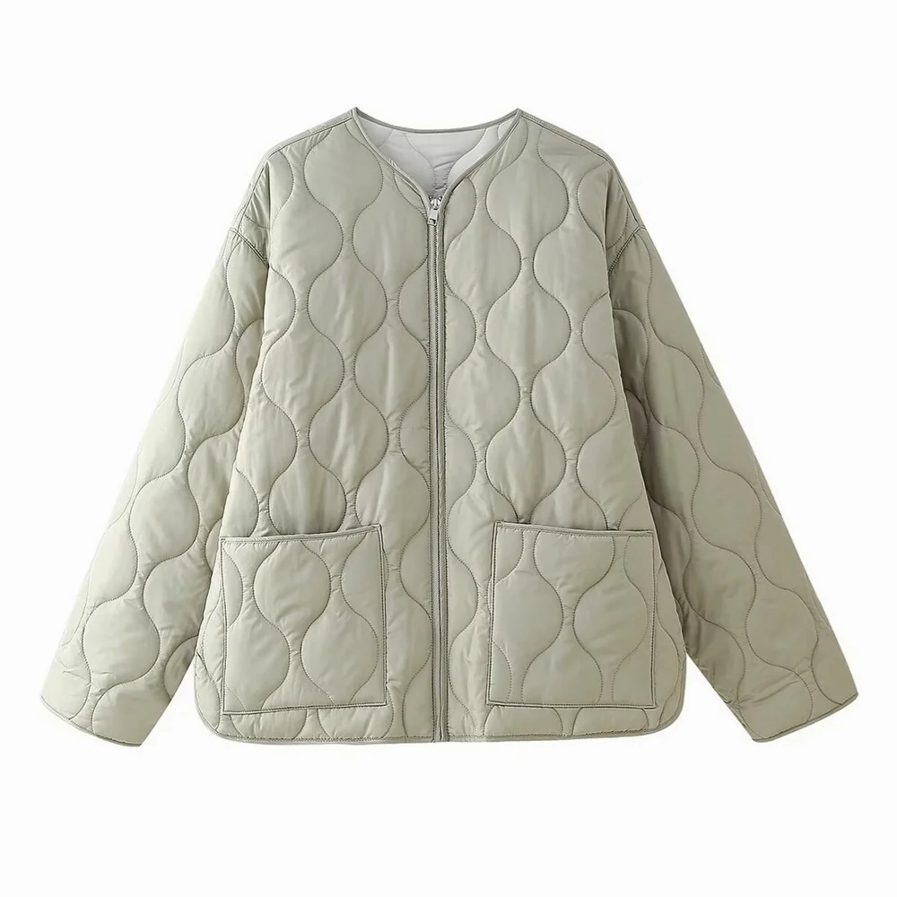 Autumn Chic Women's Quilted Cotton Jacket with Pocket Details ?C Lightweight & Loose Fit Round Neck Coat for Casual Style