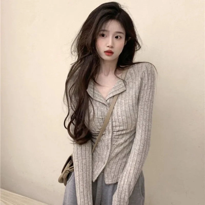 Autumn Korean Knit Cardigan V Lapel Long Sleeve Jumper for Women Y2K Style