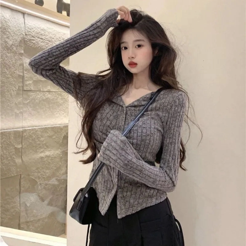 Autumn Korean Knit Cardigan V Lapel Long Sleeve Jumper for Women Y2K Style