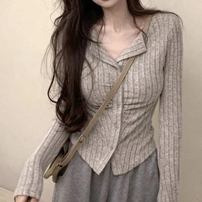 Autumn Korean Knit Cardigan V Lapel Long Sleeve Jumper for Women Y2K Style