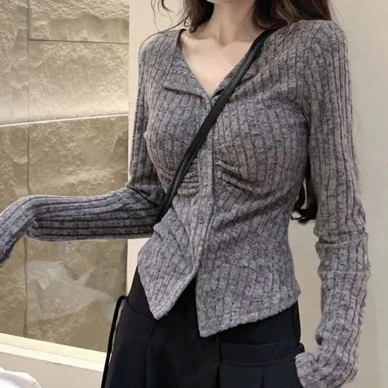 Autumn Korean Knit Cardigan V Lapel Long Sleeve Jumper for Women Y2K Style