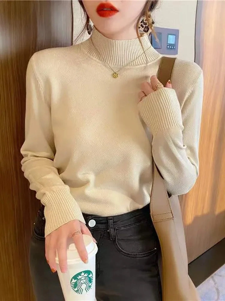 Autumn Winter Chic Turtleneck Pullover for Women Soft Warm Knitted Jumper