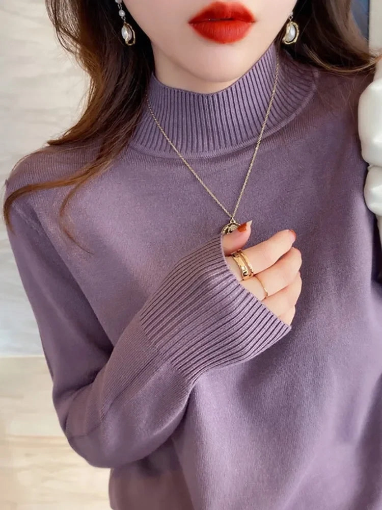 Autumn Winter Chic Turtleneck Pullover for Women Soft Warm Knitted Jumper