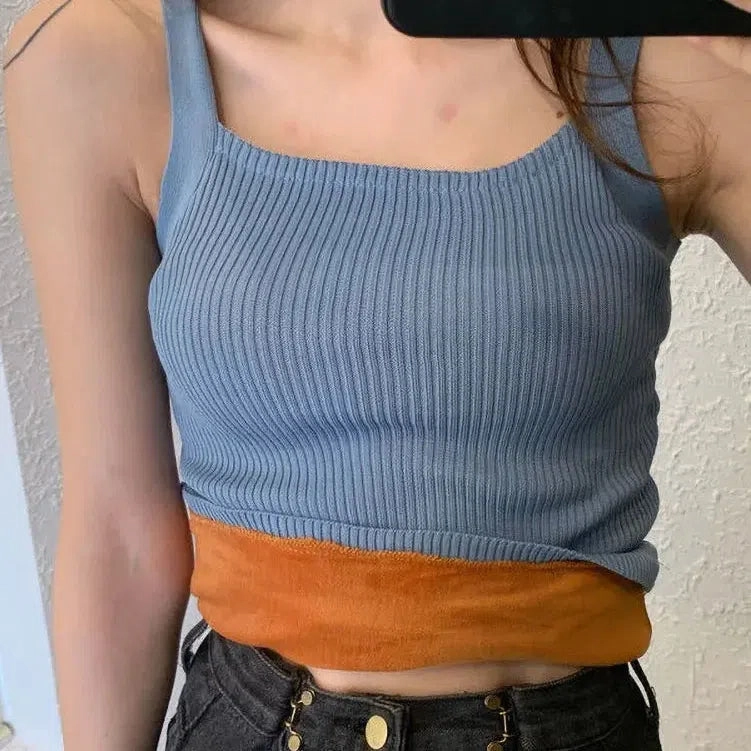 Autumn Winter Fleece Knit Tank Tops Women Thin Strap Sleeveless T-Shirt Female Backless Basic Tops Camis Lady Casual Solid color