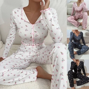 Autumn Winter Floral Print Pajamas Set for Women Long Sleeve Top and Pants Casual Loungewear