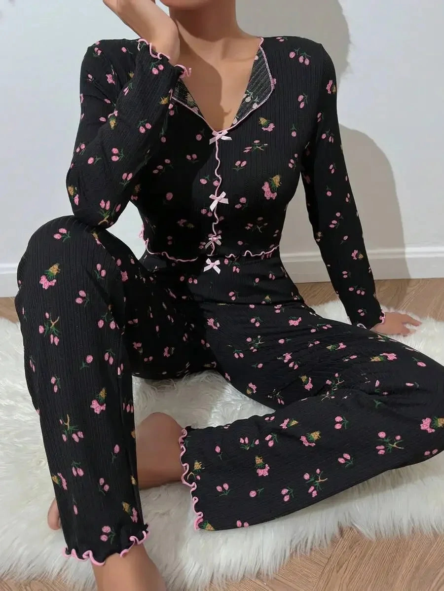 Autumn Winter Floral Print Pajamas Set for Women Long Sleeve Top and Pants Casual Loungewear