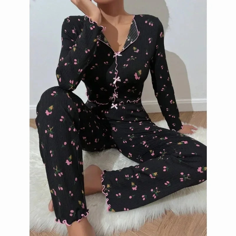 Autumn Winter Floral Print Pajamas Set for Women Long Sleeve Top and Pants Casual Loungewear