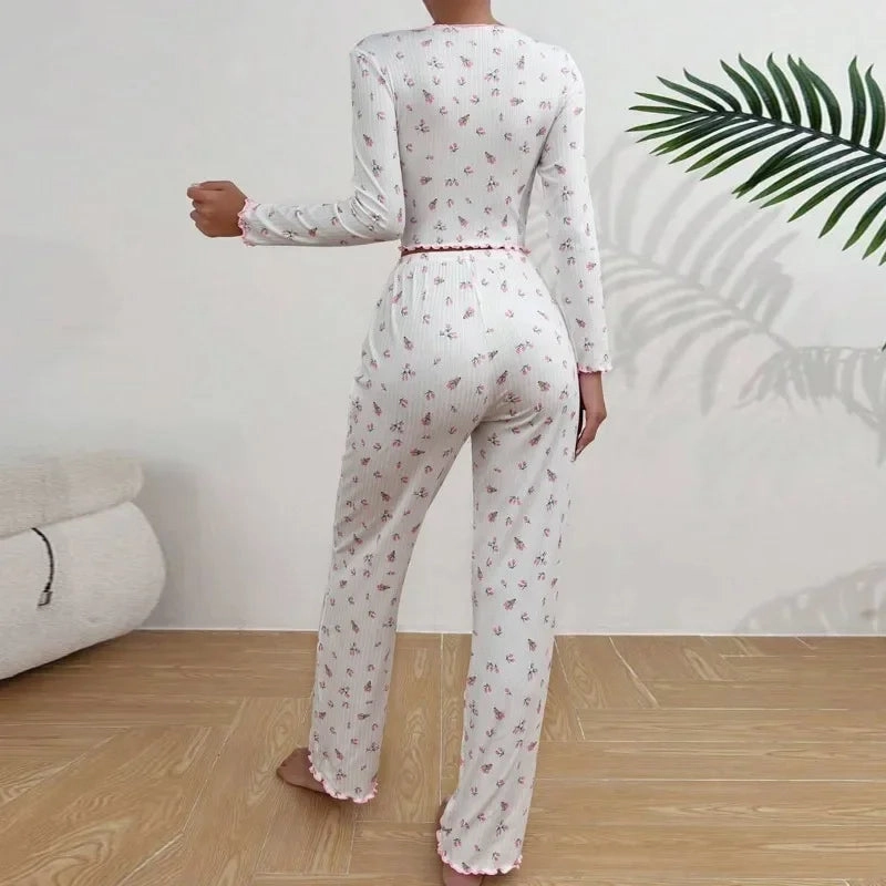 Autumn Winter Floral Print Pajamas Set for Women Long Sleeve Top and Pants Casual Loungewear